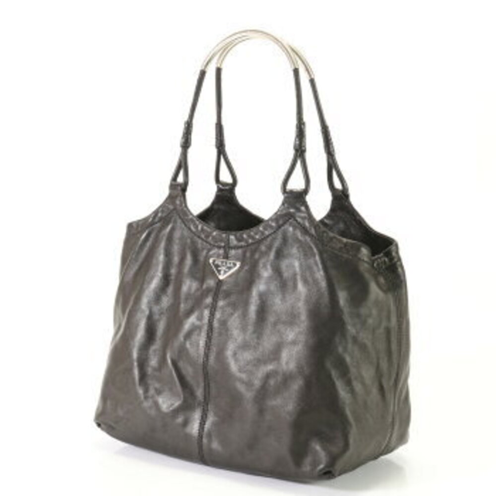 Prada handbag shoulder bag black leather work triangle documents logo tote EFE